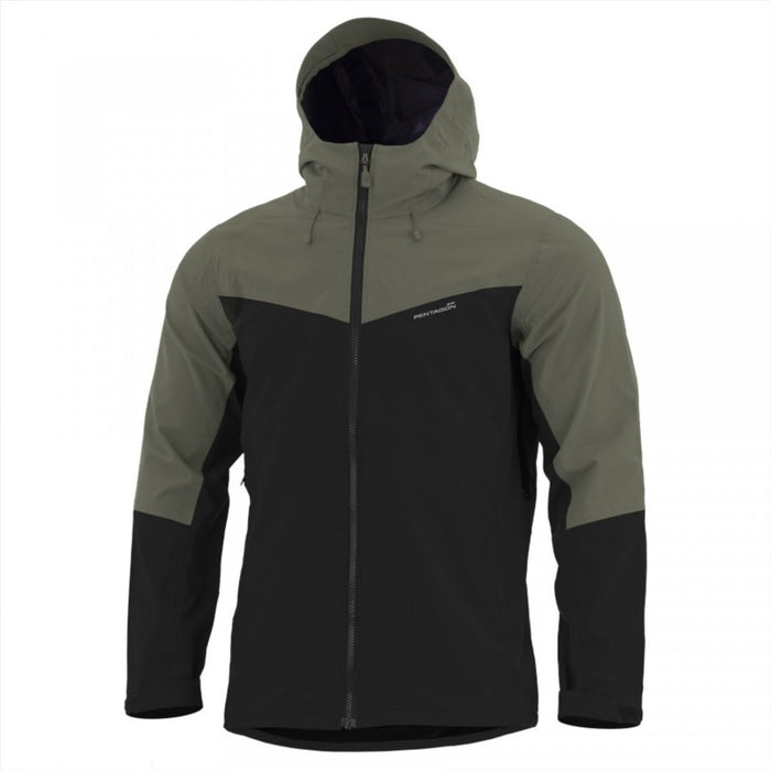 Veste softshell légère Pentagon Monlite WP olive et noire, imperméable et coupe-vent avec capuche pour une utilisation en extérieur