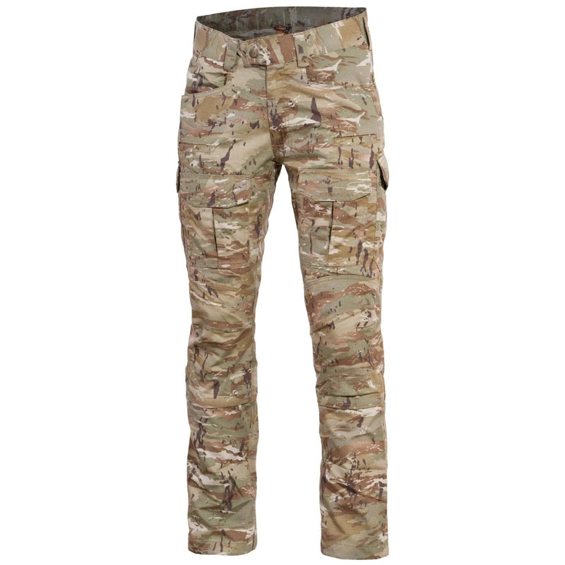 Pentagon Ranger 2.0 military style lizard camo ripstop pants with reinforced seat and multiple cargo pockets.