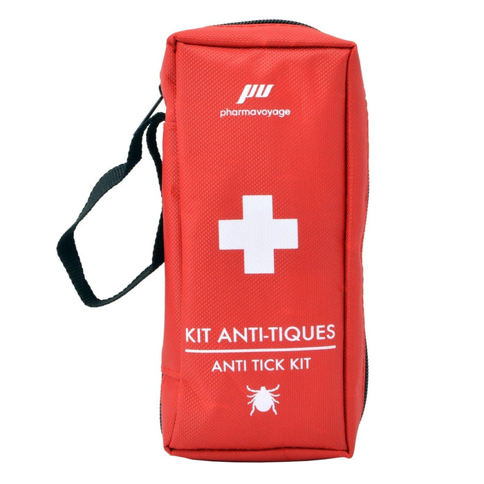 Kit anti-tiques rouge avec croix blanche et texte sur fond blanc