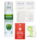 Biovectrol eucalyptus spray, alcohol pads, and anti-tick kit on a white background