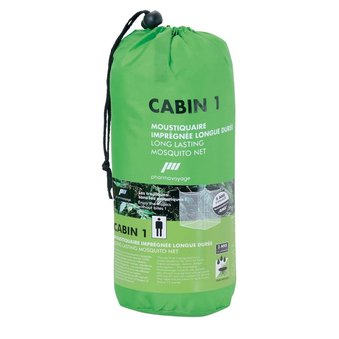 Emballage de moustiquaire verte avec la marque « Cabin 1 » sur fond blanc