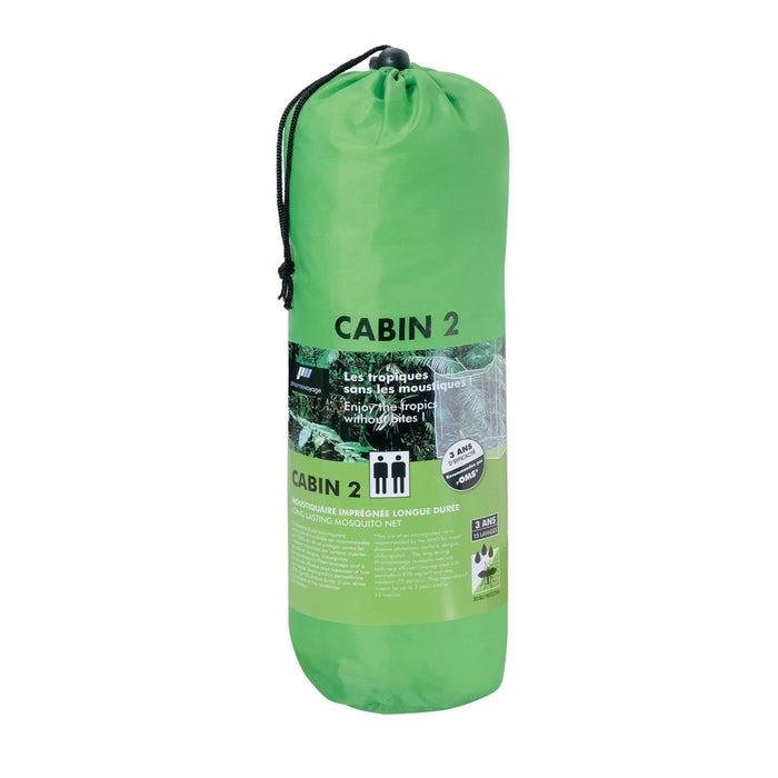 Paquet vert de filet anti-insectes avec la marque « Cabin 2 » sur fond blanc