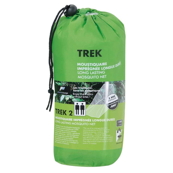 Emballage en moustiquaire verte avec la marque « Trek » sur fond blanc