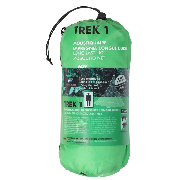 Emballage en moustiquaire verte avec la marque « Trek 1 » sur fond blanc