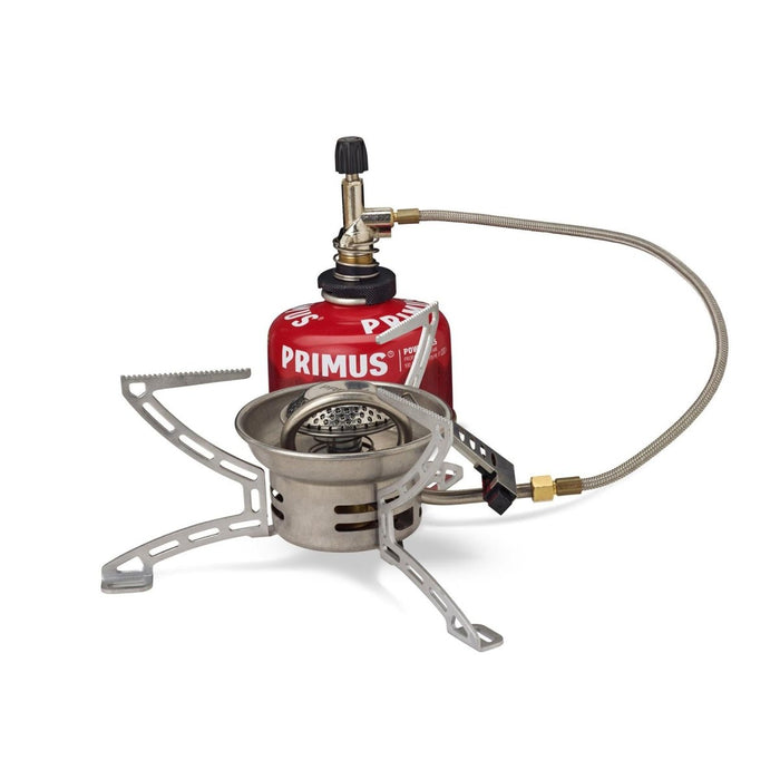 Réchaud de camping pliable au propane et au butane Primus EasyFuel Duo compact avec cartouche à distance et pieds pliables pour la cuisine en plein air.