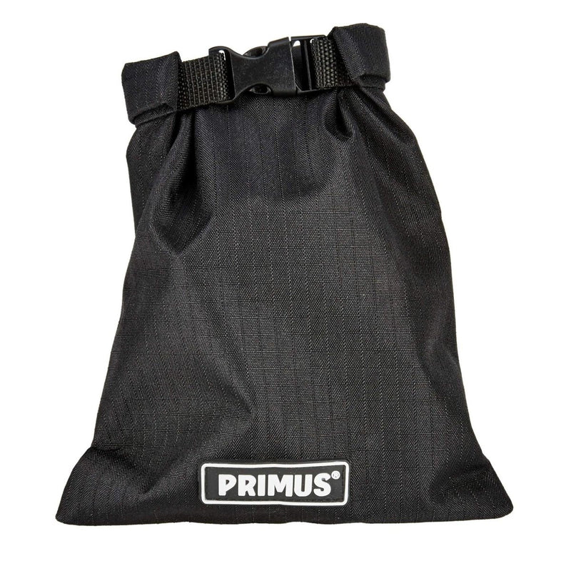 Black Primus branded drawstring storage bag for portable camping stove with secure buckle closure