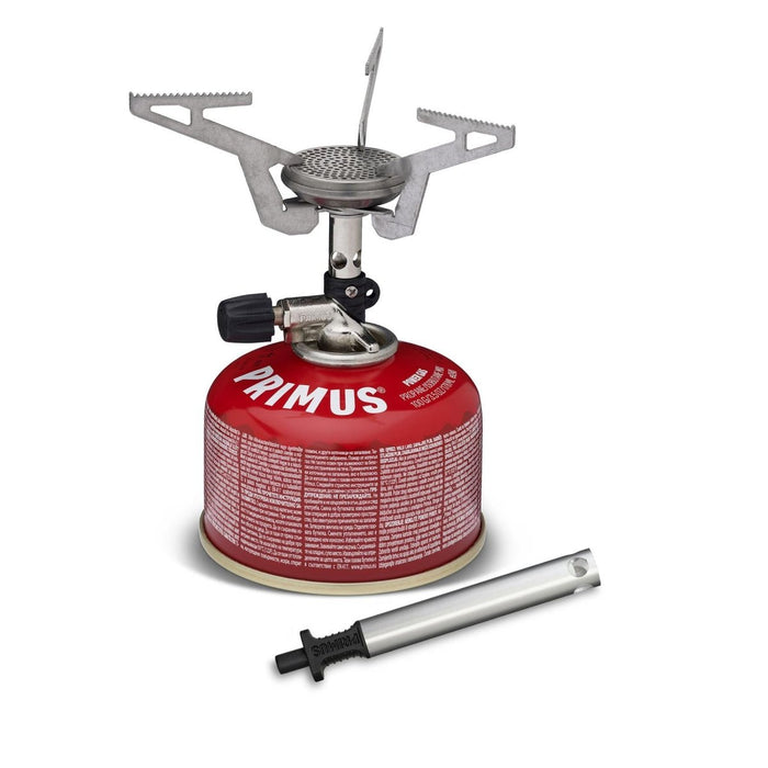 Réchaud de randonnée compact Primus Express avec brûleur pliable léger et réservoir de carburant rouge pour une cuisine extérieure efficace.