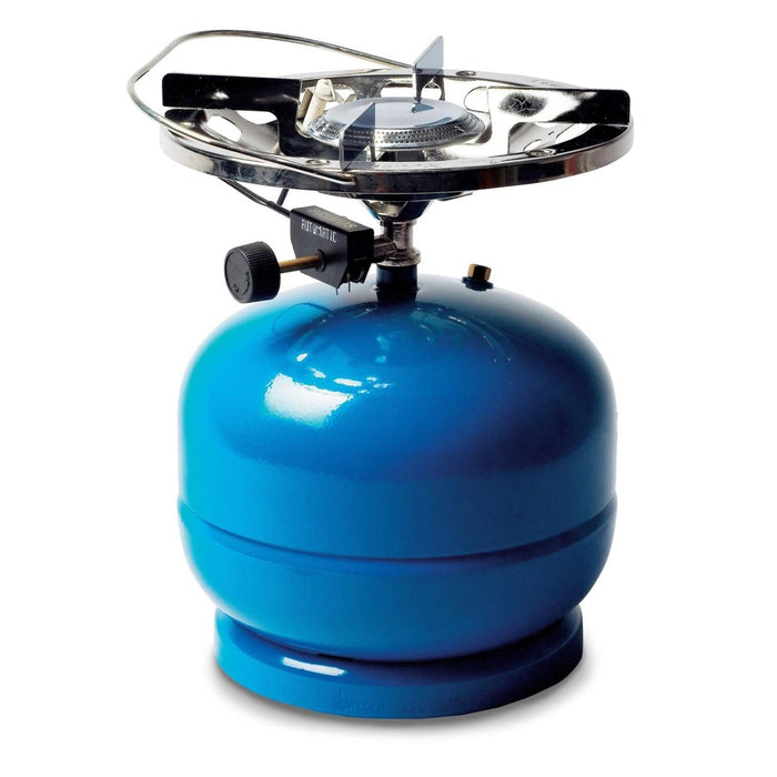 Réchaud de camping au propane bleu avec allumage piézo et brûleur unique pour la cuisine et la randonnée en plein air.