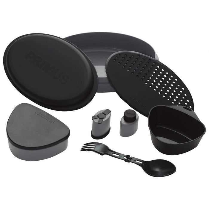 Kit de camping noir Primus Frigg W Piezo avec assiettes, ustensiles et récipients pour les repas en plein air