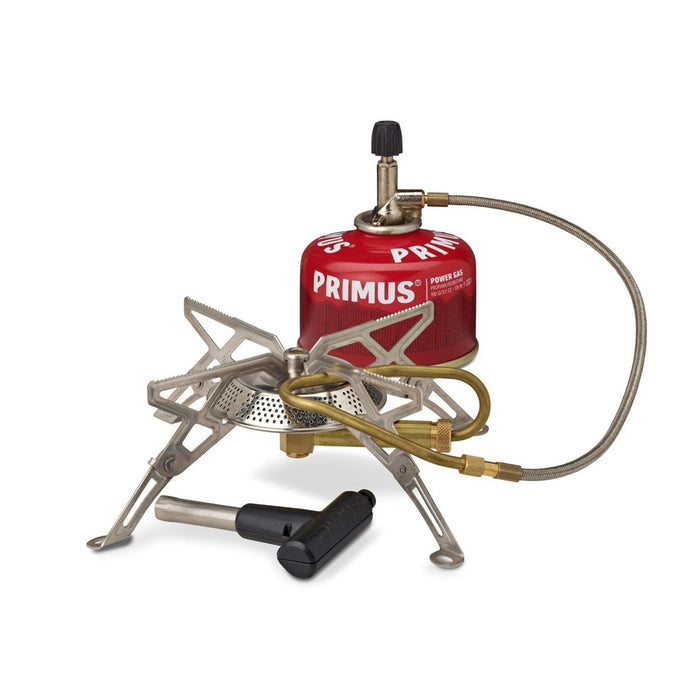 Brûleur de camping Primus Gravity III à haut rendement avec pieds pliables, cartouche de gaz et outil d'allumage pour la cuisine en plein air.