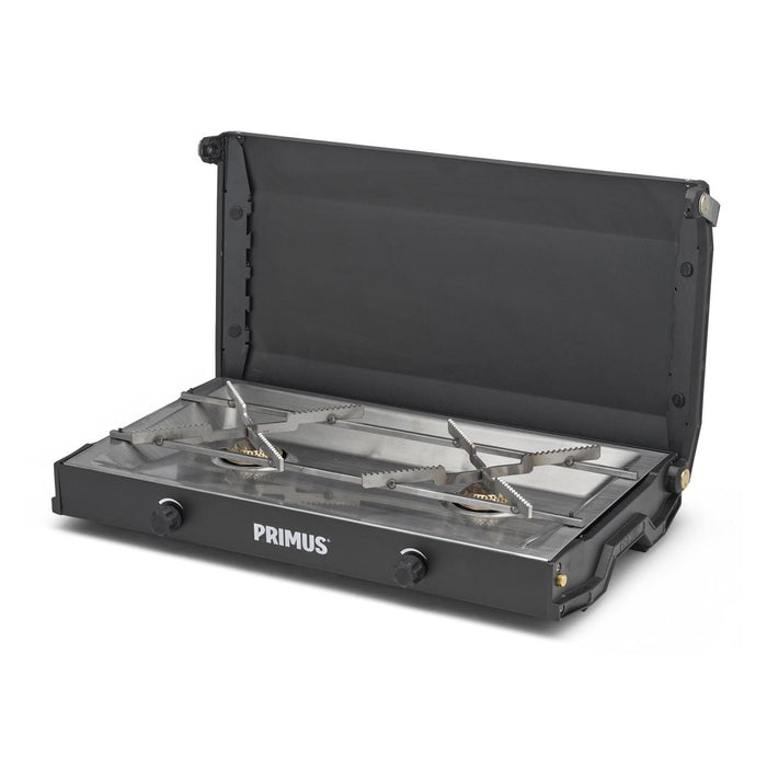 Réchaud de camping portable noir à double brûleur Primus Kinjia avec supports de casserole en acier inoxydable et couvercle pliable