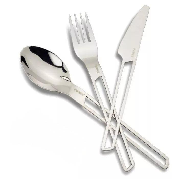 Lightweight stainless steel camping cutlery set with knife, fork, and spoon for hiking and outdoor use