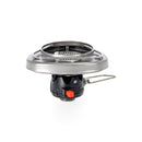 Compact lightweight backpacking stove burner with push-button ignition and foldable handle for camping cooking.
