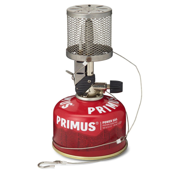 Lampe à gaz portable Primus Micron avec luminosité réglable, allumage piézo, maille en acier inoxydable et système de suspension pour le camping