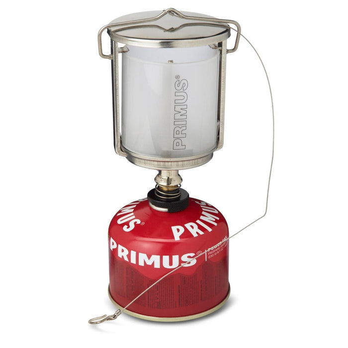 Lanterne à gaz Primus Mimer Duo en acier inoxydable avec globe en verre dépoli et réservoir de carburant rouge pour lampe de camping