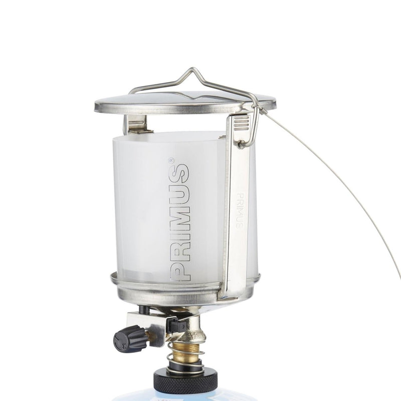 Primus Mimer Duo camping lantern with stainless steel body and frosted glass for warm, adjustable light and reliable outdoor use.