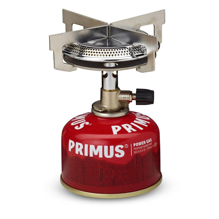 Réchaud au propane compact Primus Mimer à brûleur unique pour le camping, la randonnée et la cuisine en plein air avec support stable et allumage facile.