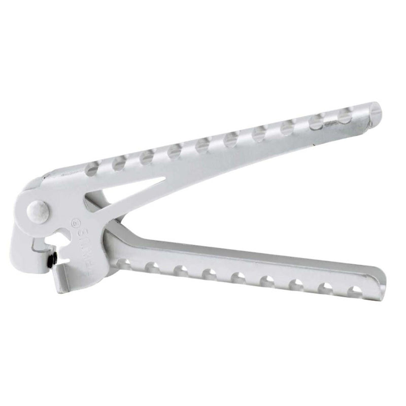 Lightweight gray aluminum Primus pot gripper with folding handle for secure outdoor cooking grip.