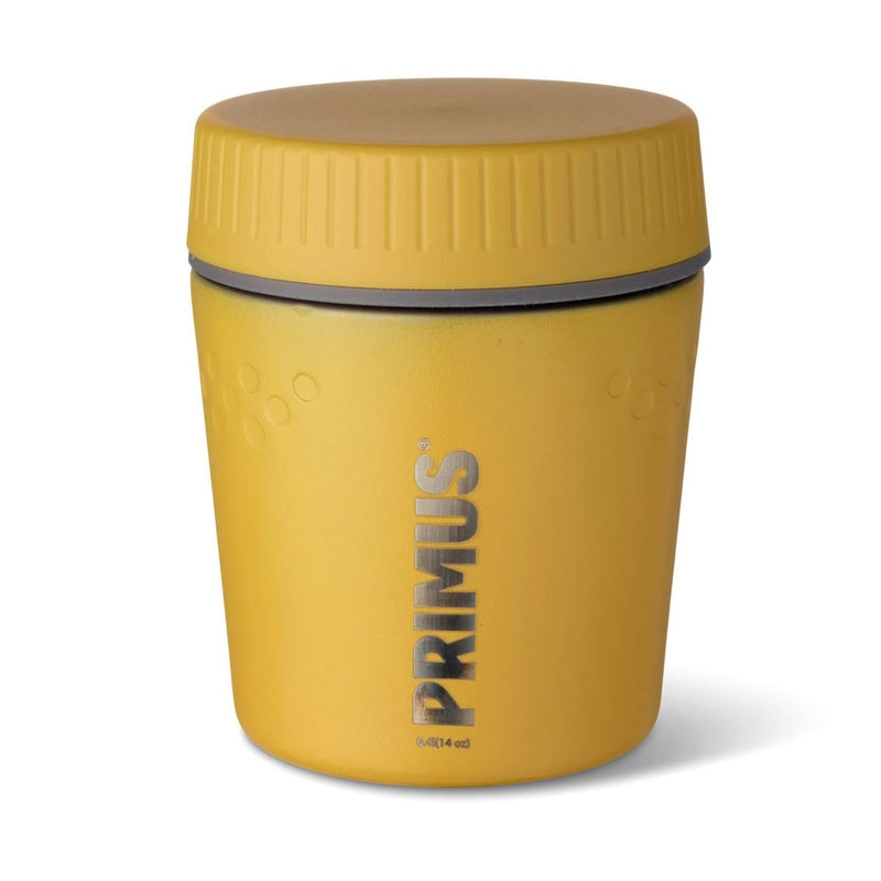 Yellow Primus Trailbreak vacuum jug with screw-on lid, designed for 24-hour heat retention during outdoor camping.