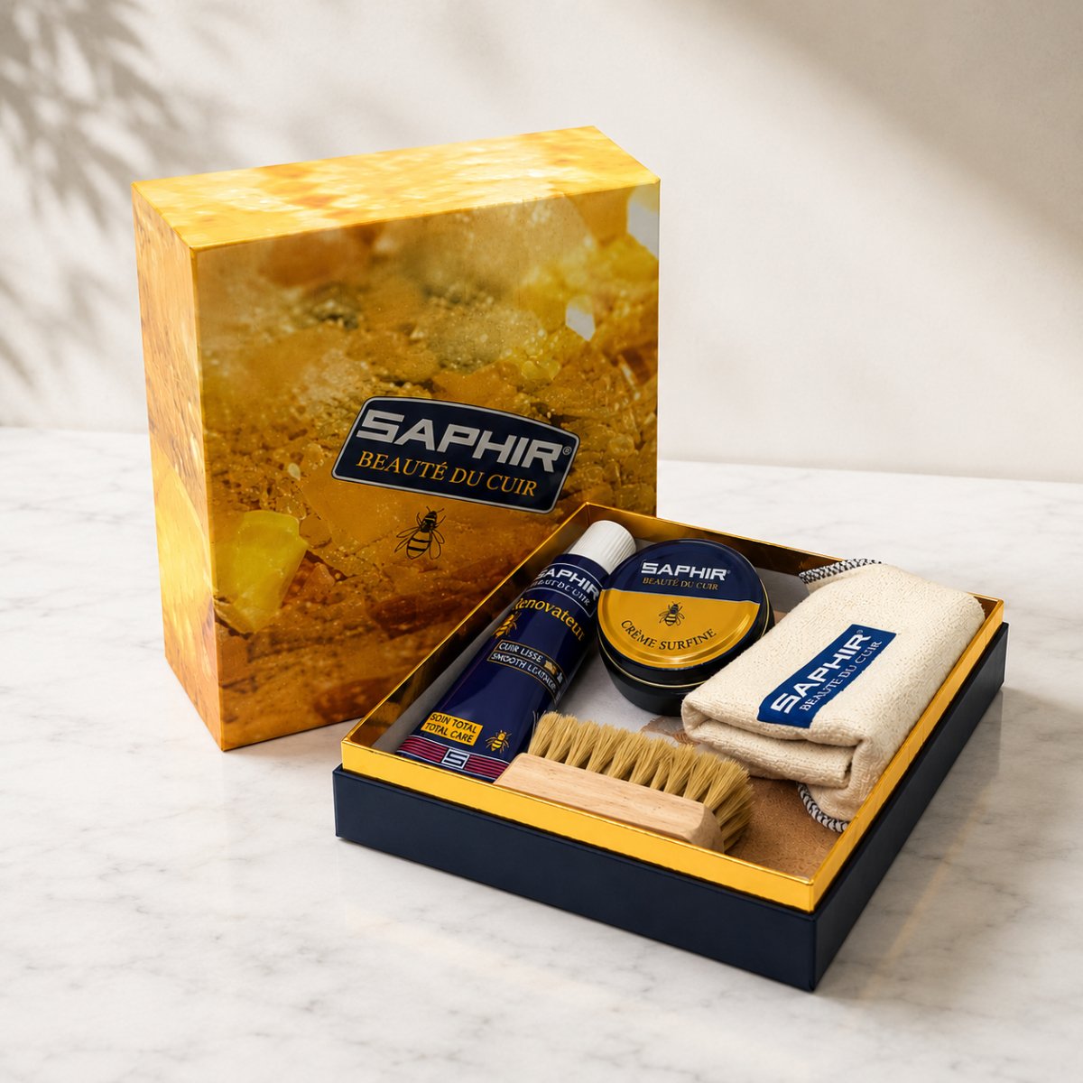 Coffret Saphir Grand Kit d'Entretien pour Chaussures Cuir Lisse Cirage Brosse Chiffon Ensemble