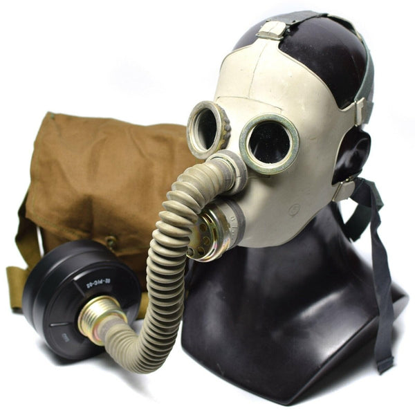 Child's Soviet Russian PDF-7 gas mask with NATO filter and hose, designed for protection against airborne threats.