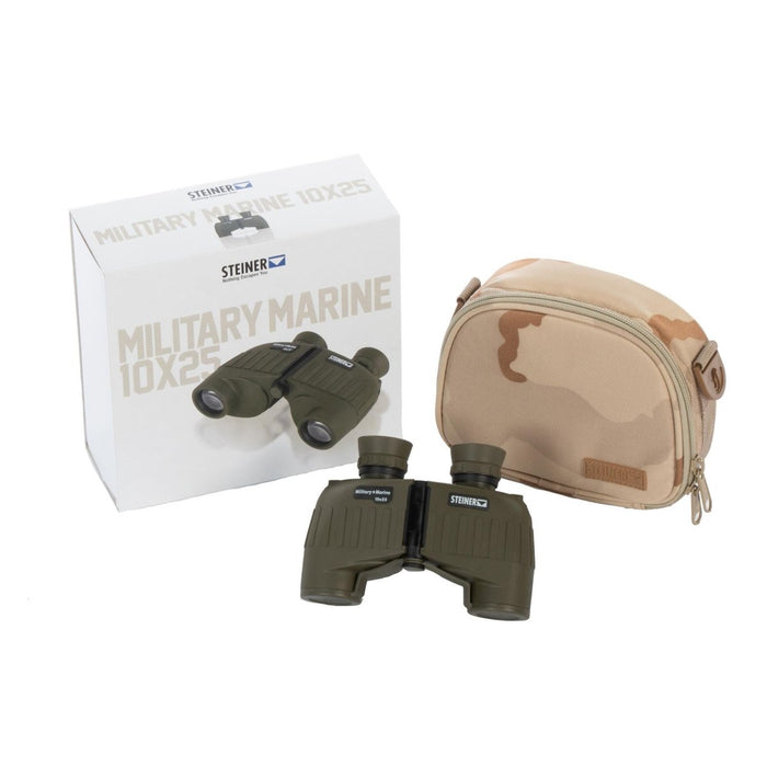 Jumelles olive Steiner Military Marine 10x25 avec conception robuste, étui de transport et boîte d'emballage pour une utilisation en extérieur.