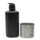 Black Swiss Army military canteen flask with screw cap and accompanying aluminum drinking cup on white background