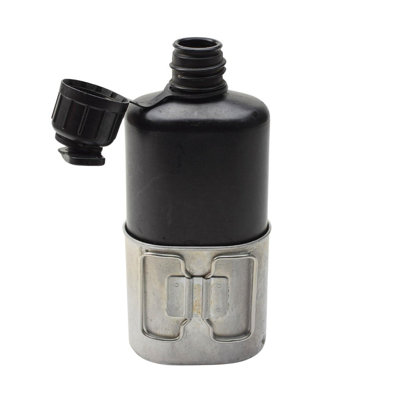 Swiss Army military drinking flask with polymer canteen and aluminum cup for outdoor and survival use.