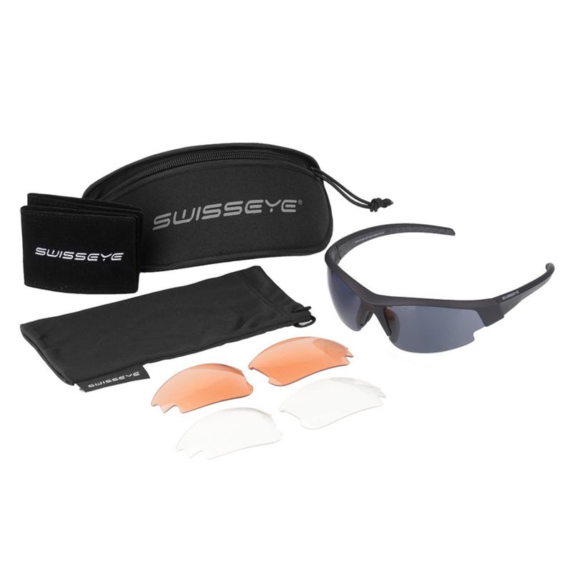 SWISSEYE ballistic shooting glasses with adjustable rubberized temples, carrying case, and interchangeable lenses set