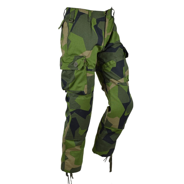 Swedish military style TACGEAR combat pants in splinter camo with cargo pockets and ripstop fabric for durability.