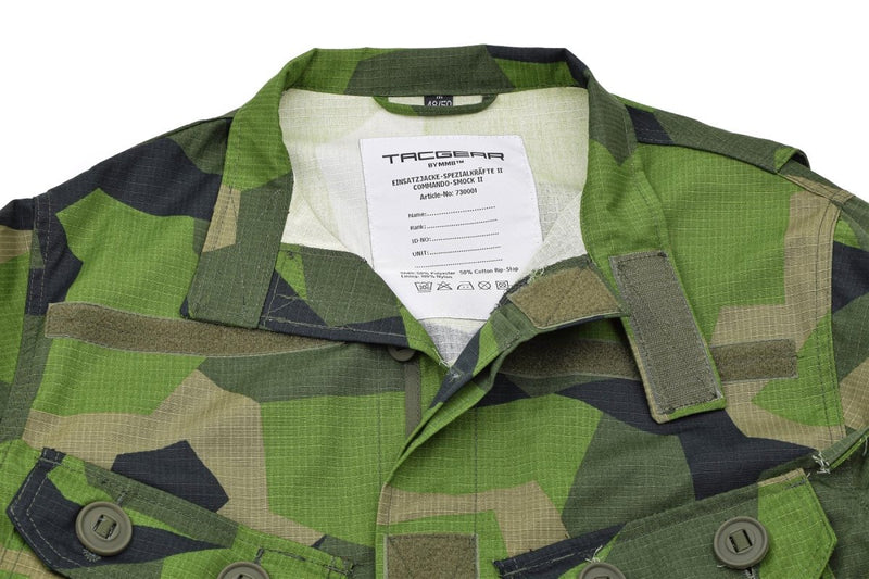 TACGEAR Swedish military style commando field jacket in green splinter camo with chest and arm pockets.