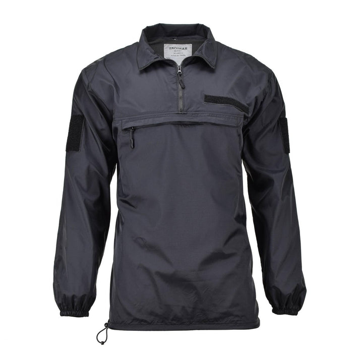 Blouse coupe-vent légère TACGEAR noire avec fermeture éclair YKK, poignets élastiques et tissu en nylon ripstop de qualité militaire pour une utilisation en extérieur.