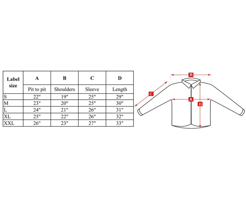 Size chart for TACGEAR windproof hunting shirt showing pit to pit, shoulder, sleeve, and length measurements in inches.