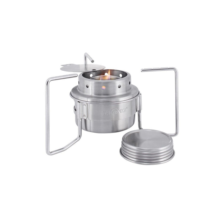 Ensemble de poêle à alcool multi-combustible compact Tatonka en acier inoxydable avec support de casserole et réglage de la flamme pour une utilisation en extérieur