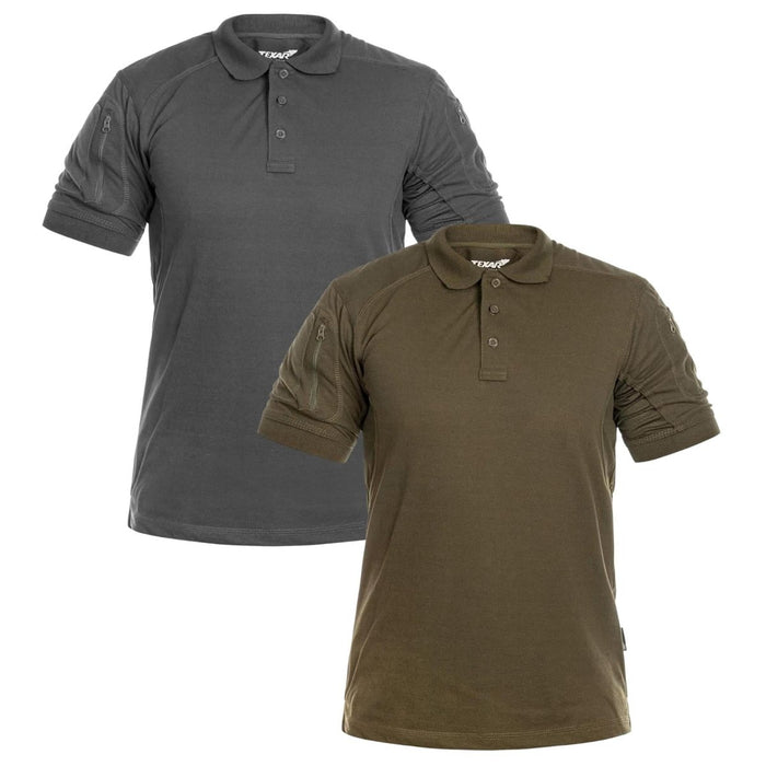 Deux polos tactiques à manches courtes TEXAR Elite Pro en gris et vert olive pour une utilisation militaire et extérieure