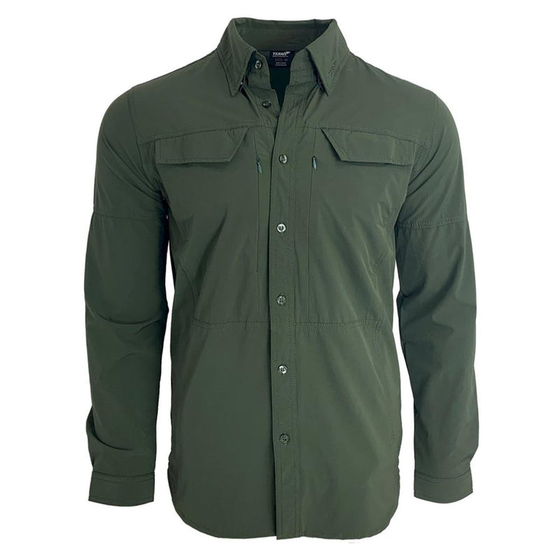 Slim fit TEXAR long-sleeve military shirt in olive green, durable and breathable for tactical use and outdoor activities.