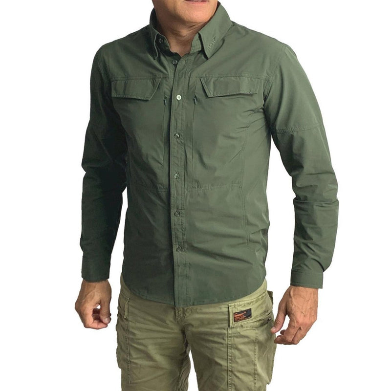 Man wearing olive green TEXAR slim fit long-sleeve military shirt with button-up front and adjustable cuffs