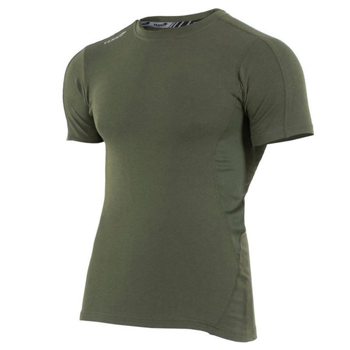 Maillot de corps tactique à manches courtes TEXAR vert olive conçu pour une utilisation militaire et extérieure avec un tissu respirant.