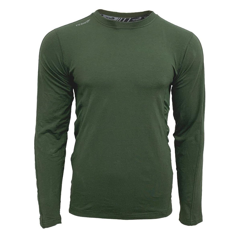 Olive green TEXAR military thermal long sleeve undershirt designed for warmth, comfort, and durability in cold conditions.