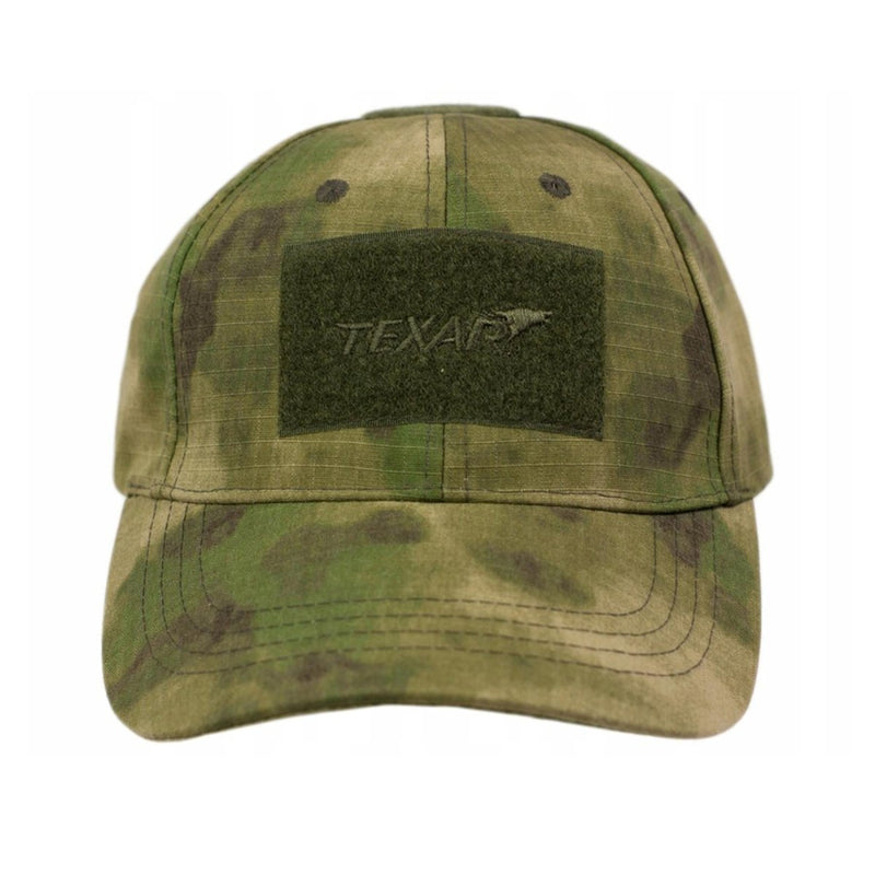 Camo TEXAR tactical baseball cap made of durable ripstop fabric with adjustable strap and curved brim for sun protection.