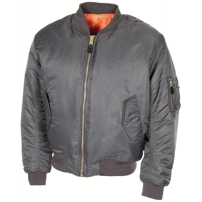 Blouson aviateur MA1 de style armée américaine en gris urbain avec fermetures éclair dorées, doublure orange, poignets et poches côtelés.