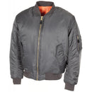 U.S. Army style MA1 bomber jacket in urban grey with gold zippers, orange liner, ribbed cuffs, and pockets.