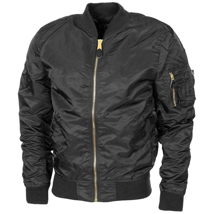 Blouson aviateur noir U.S. Air Force MA1 avec fermeture éclair dorée, poignets, taille côtelés et plusieurs poches pour une coupe coupe-vent.