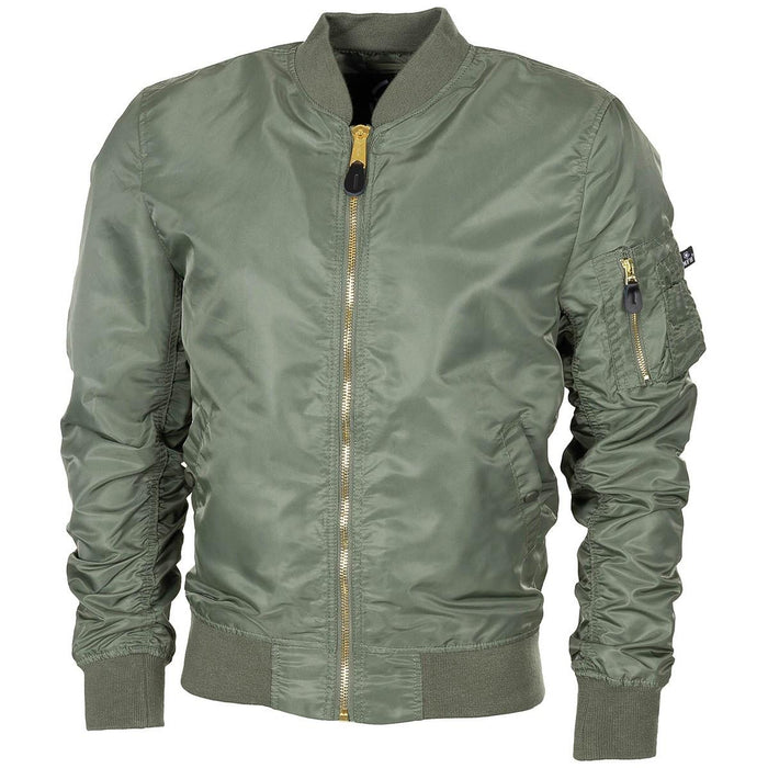Blouson aviateur MA1 vert olive de style militaire américain avec tissu coupe-vent, poignets élastiques et fermeture à glissière entièrement en métal