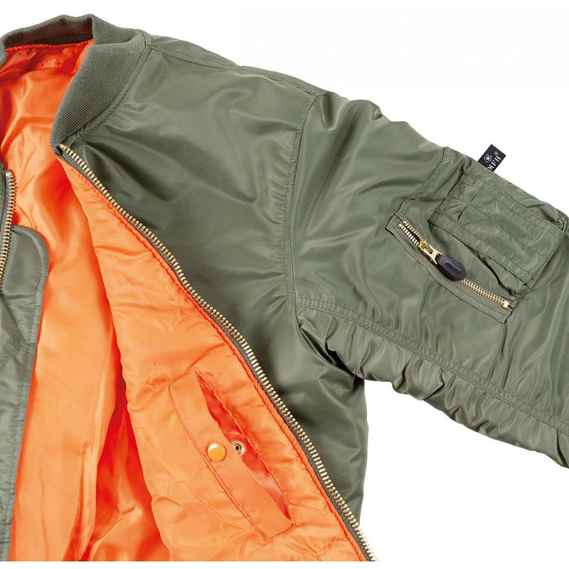 Olive green U.S. military MA1 bomber jacket with orange lining, zipper, elastic cuffs, and multiple pockets.
