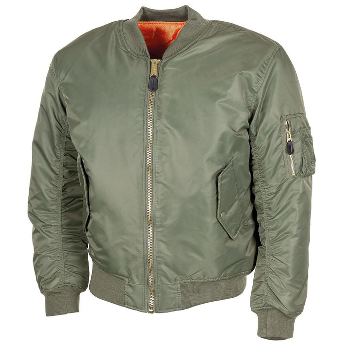 Blouson aviateur MA1 olive de style militaire américain avec tissu coupe-vent et chaud, poignets élastiques et poches multiples.