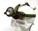 Green headlamp on a mannequin head with a white background