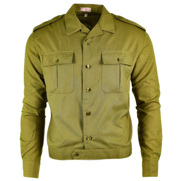 Vintage officer original Hungarian army khaki jacket long sleeve chest pockets epaulets collared neckline classic shirts